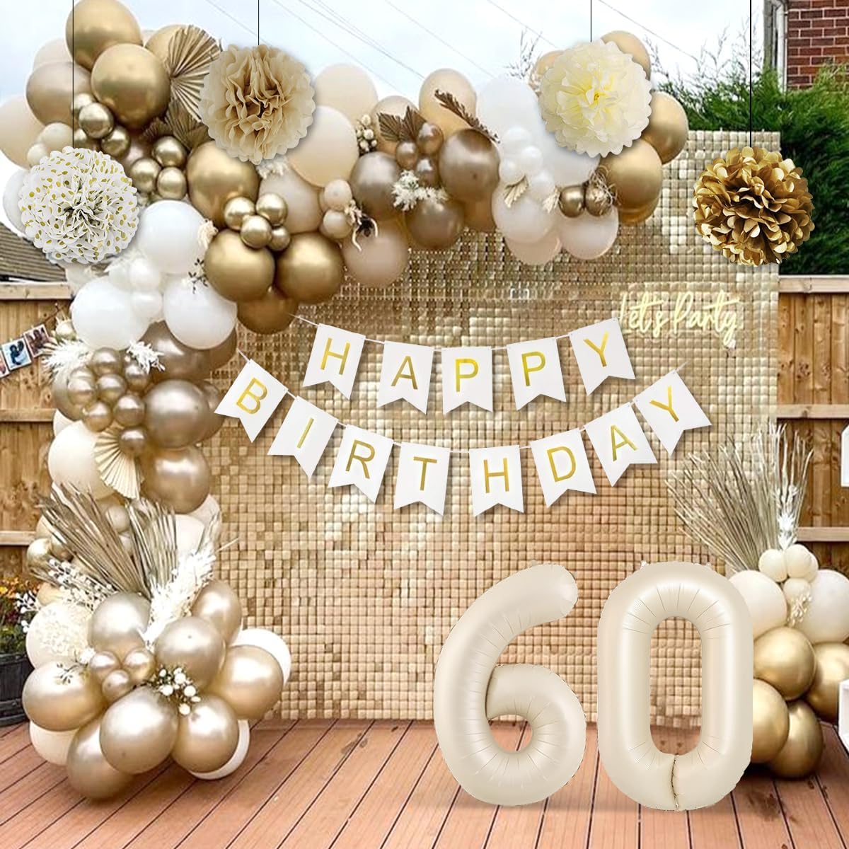 60th Birthday Decorations, Happy 60th Birthday Decorations White and Gold Balloons Happy Birthday Banner Tablecloth Fringe Curtain Cake Topper Paper Pom Poms Men Women 60 Year Old Birthday Party Decor - Image 4