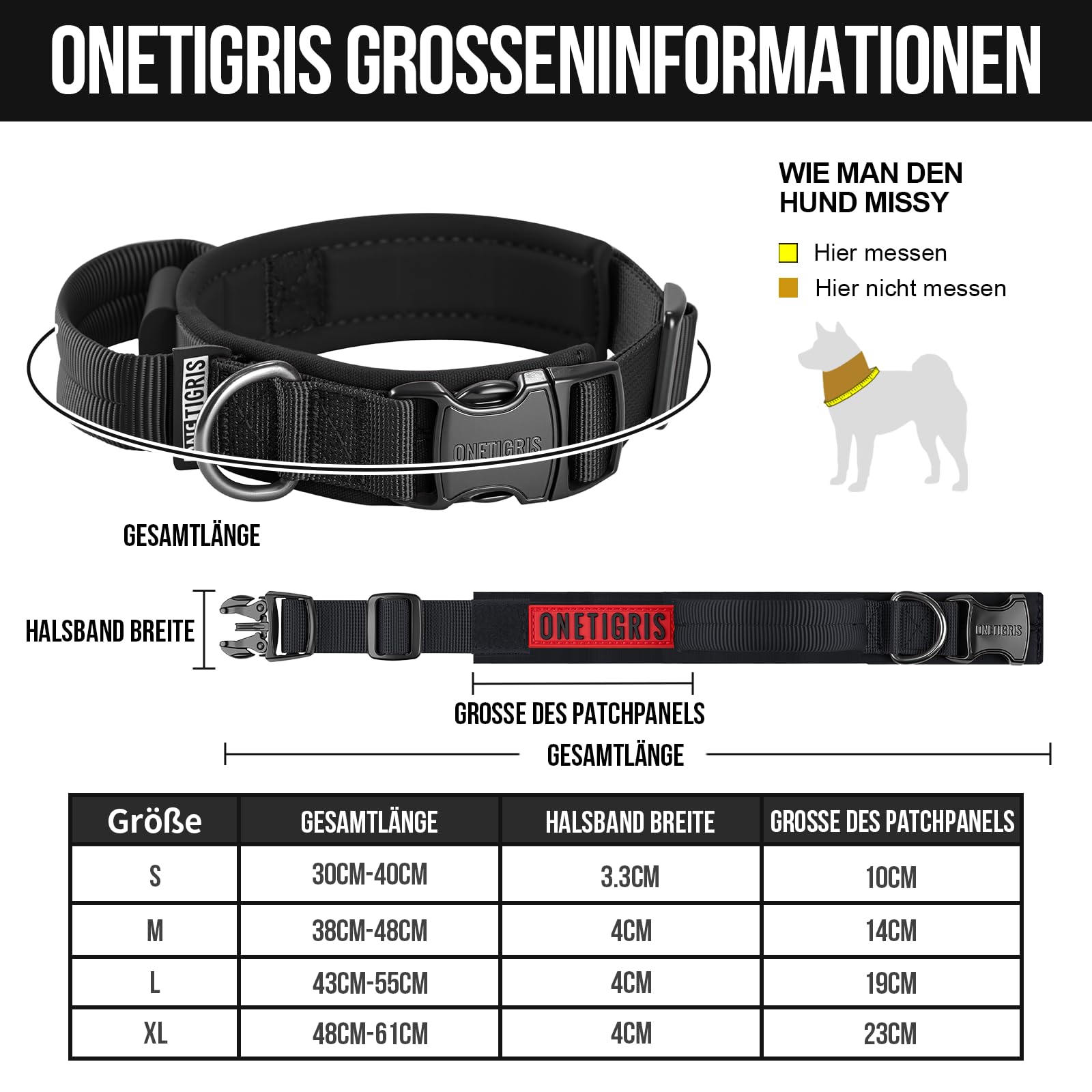 OneTigris Hunde Halsband mit Metallschnalle für Hunde (Schwarz, L)