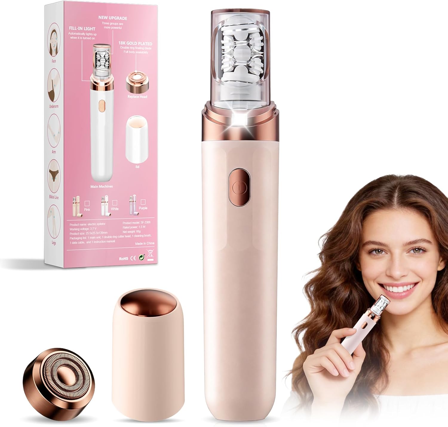 2026 Upgraded 2 in 1 Epilator for Women - Facial Epilator & Precision Trimming Head - Hair Removal Device with LED Light - Wet & Dry Use, Rechargeable Portable for Face, Legs, Arms, Underarm & Bikini