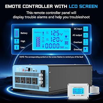 3000W Pure Sine Wave Inverter 12V DC to 110V AC with LCD Remote,6000W Peak