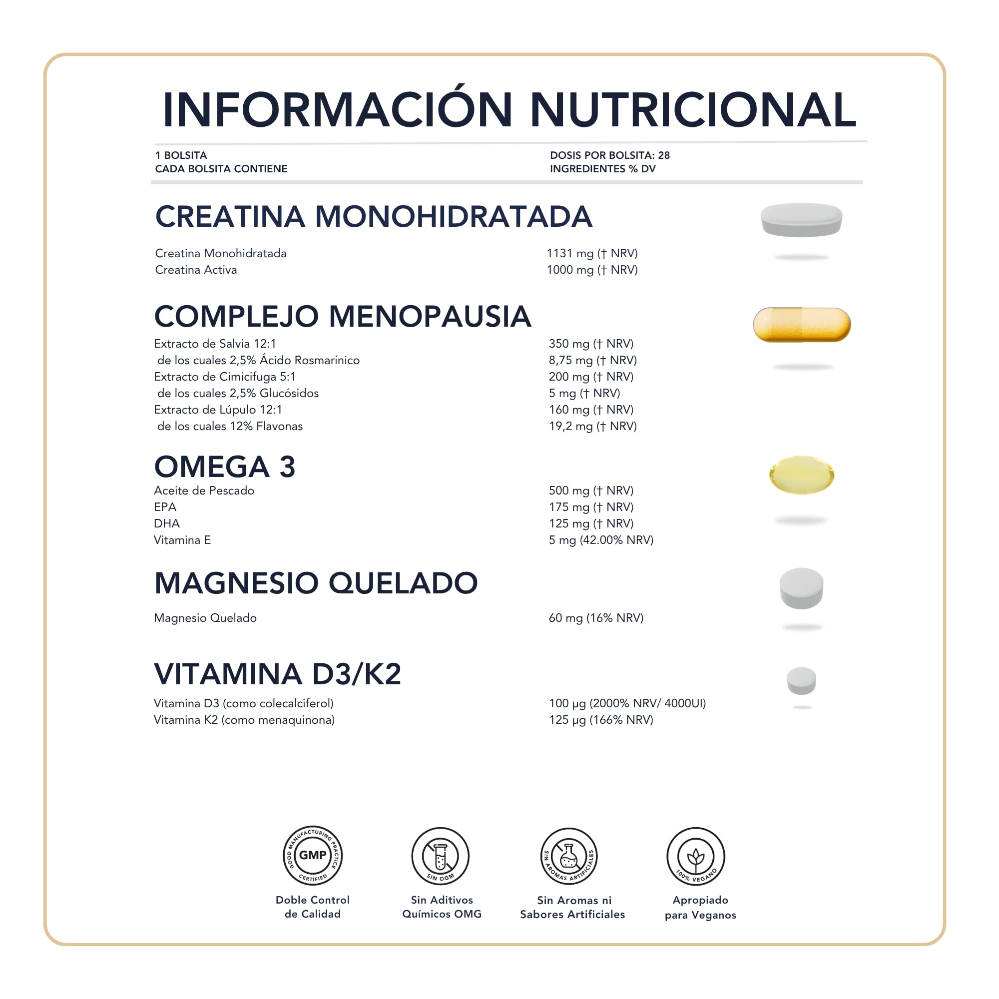 Omega 3 TG, Magnesio, Vitamina D3 y K2 4000, Creatina Monohidrato, Complejo para la Menopausia - SmartAbsorb™ | para la inmunidad, la salud ósea y la energía | 28 sobres diarios