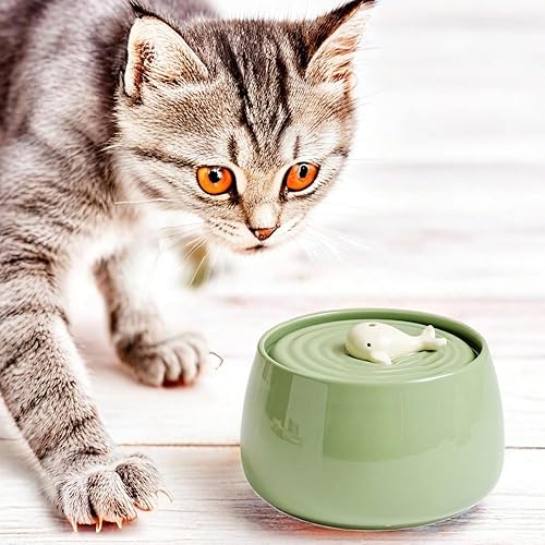 Miniatura 2 de Fuente de agua de cerámica para gatos de 45 onzas con diseño de ballena, cuenco silencioso para mascotas, sistema de doble filtración de carbón