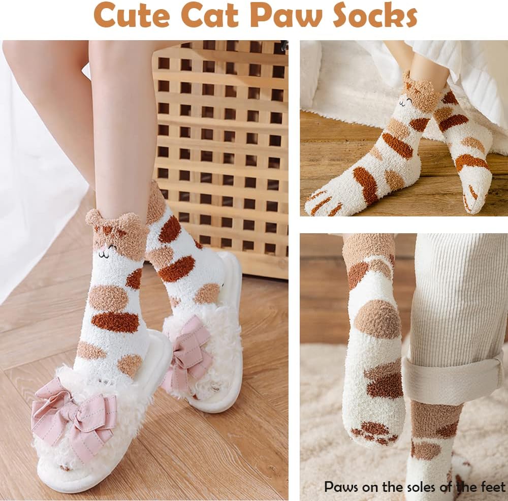 SKEFOLI Cat Paw Socks, 5 Pairs Cat Claw Socks for Girls Women Cozy Fuzzy Cat Feet Socks with Heart - Image 6