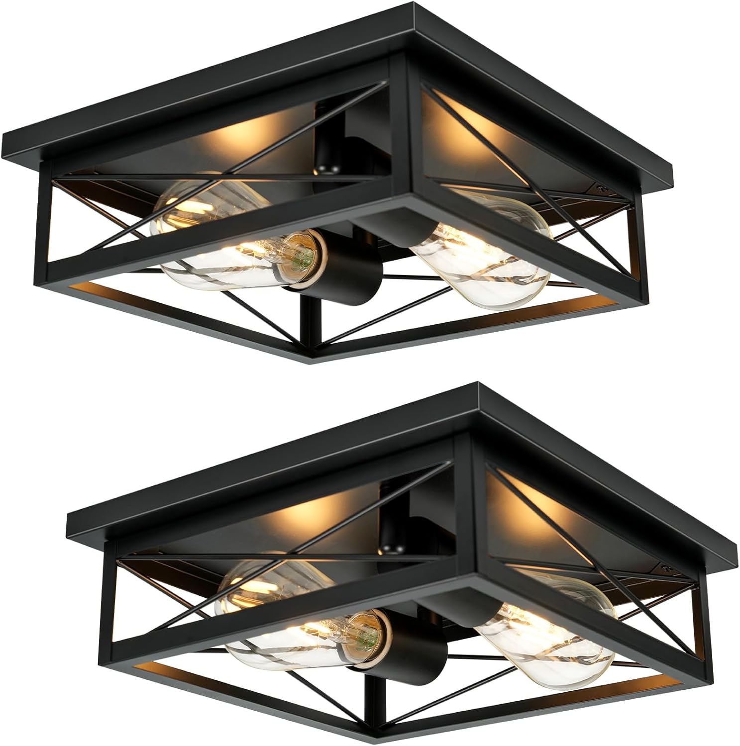 2 Pack Farmhouse Ceiling Light Fixture - Industrial Square Modern Black Flush Mount Ceiling Light for Kitchen, Hallway, Bedroom, Balcony, Porch, Stairway, E26 (Black, 10 Inch)