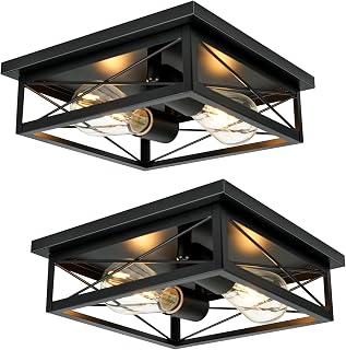 2 Pack Farmhouse Ceiling Light Fixture - Industrial Square Modern Black Flush Mount Ceiling Light for Kitchen, Hallway, Bedroom, Balcony, Porch, Stairway, E26 (Black, 10.6 Inch)