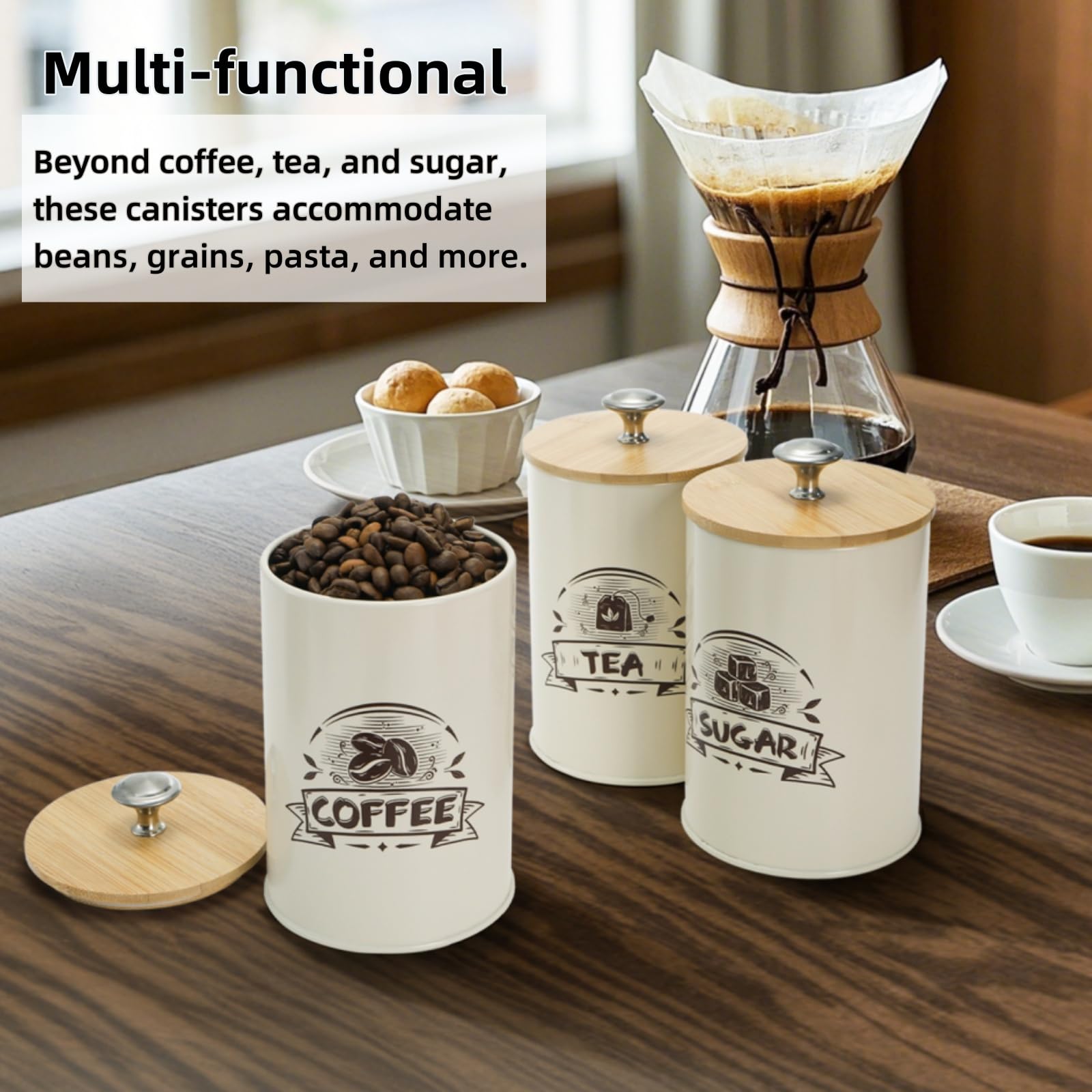 Covzoe Juego de 3 botes de cocina herméticos de hierro con tapas de bambú, contenedores de almacenamiento de harina y azúcar para encimera, contenedores de almacenamiento de alimentos para café, té