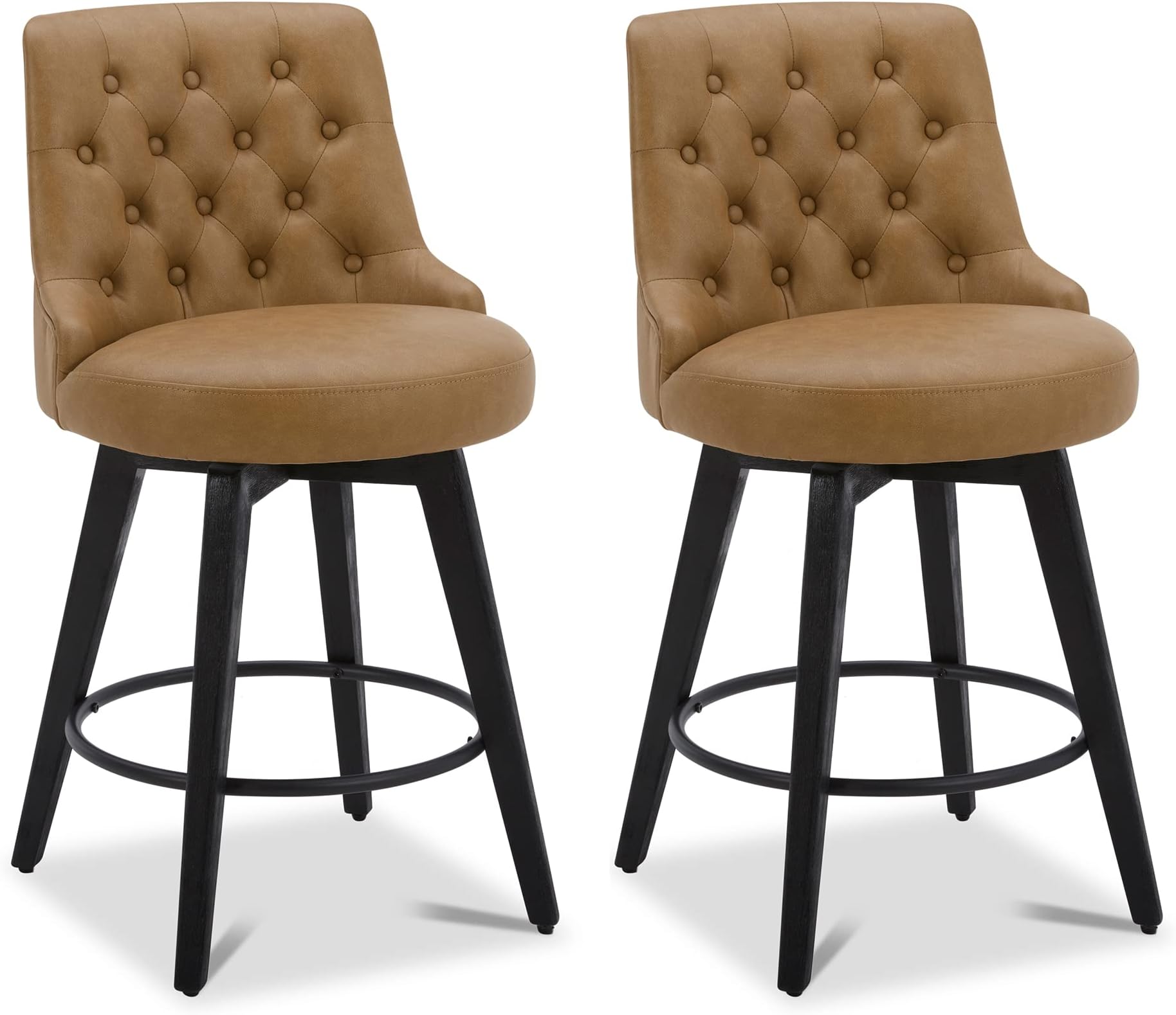 Watson & Whitely Modern Swivel Bar Stools, Faux Leather Upholstered Counter Height Bar Stools with Back, Solid Wood Legs, 26" H Seat, Set of 2, Cognac
