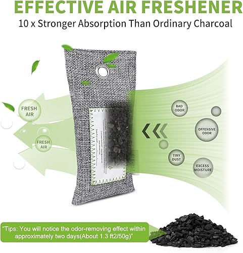 Miniatura 4 de CLEVAST Paquete de 6 bolsas purificadoras de aire de carbón de bambú (6 x 2.12 oz), absorbente de olores natural activado para el hogar, desodorante