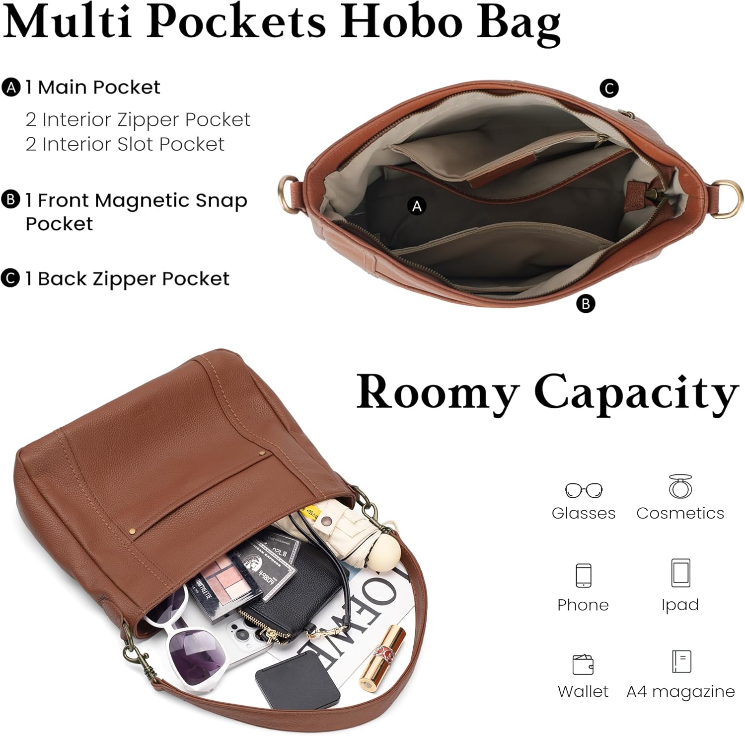 befen Genuine Leather Hobo Crossbody Bags for Women Retro Leather Purses Handbags Shoulder Bag with 2 Shoulder Straps