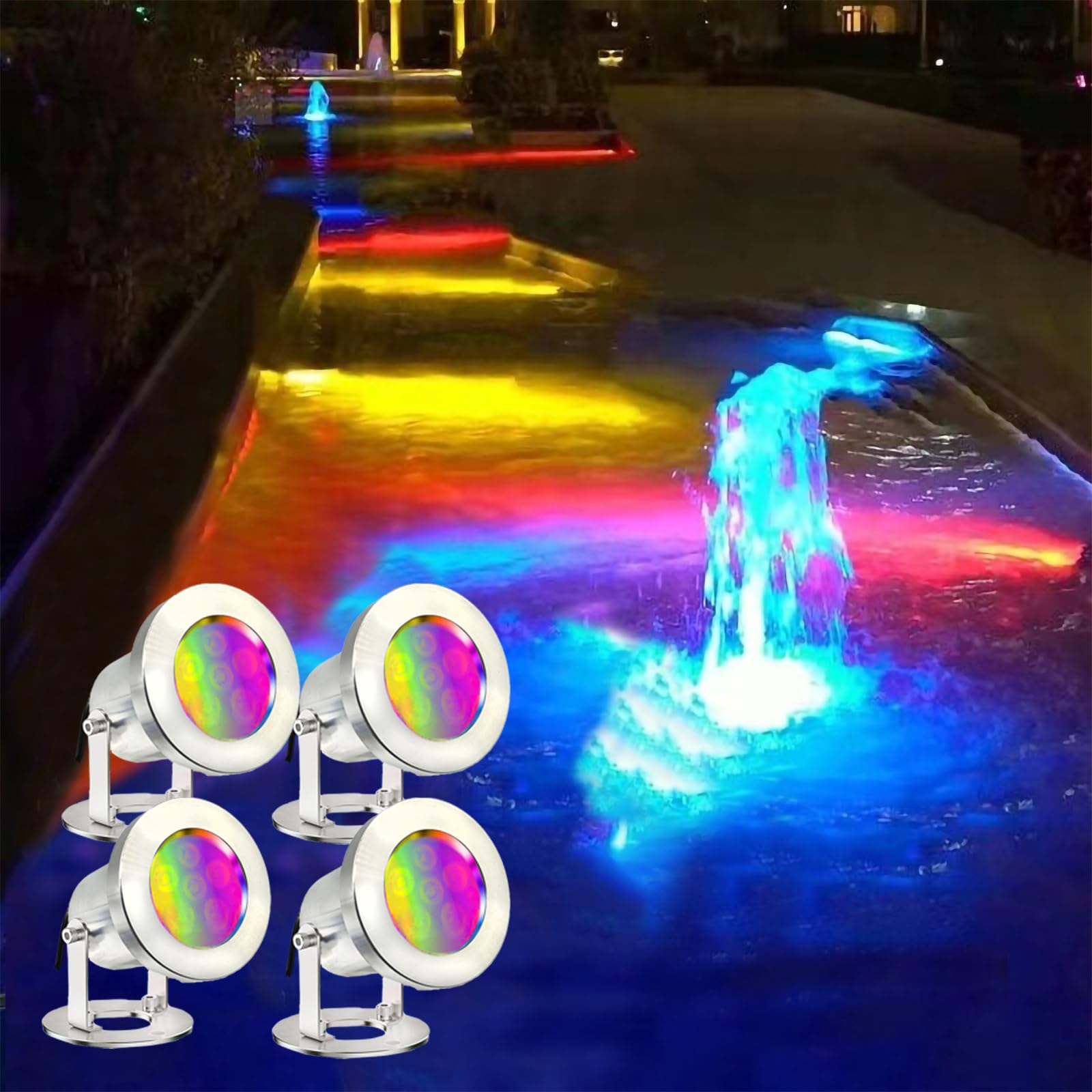 LED Teichleuchten mit Fernbedienung, 6W SS316 Edelstahl RGB Unterwasser Brunnen Licht IP68 Wasserdicht Outdoor Unterwasser Lichter für Teich Wasserfall (4)