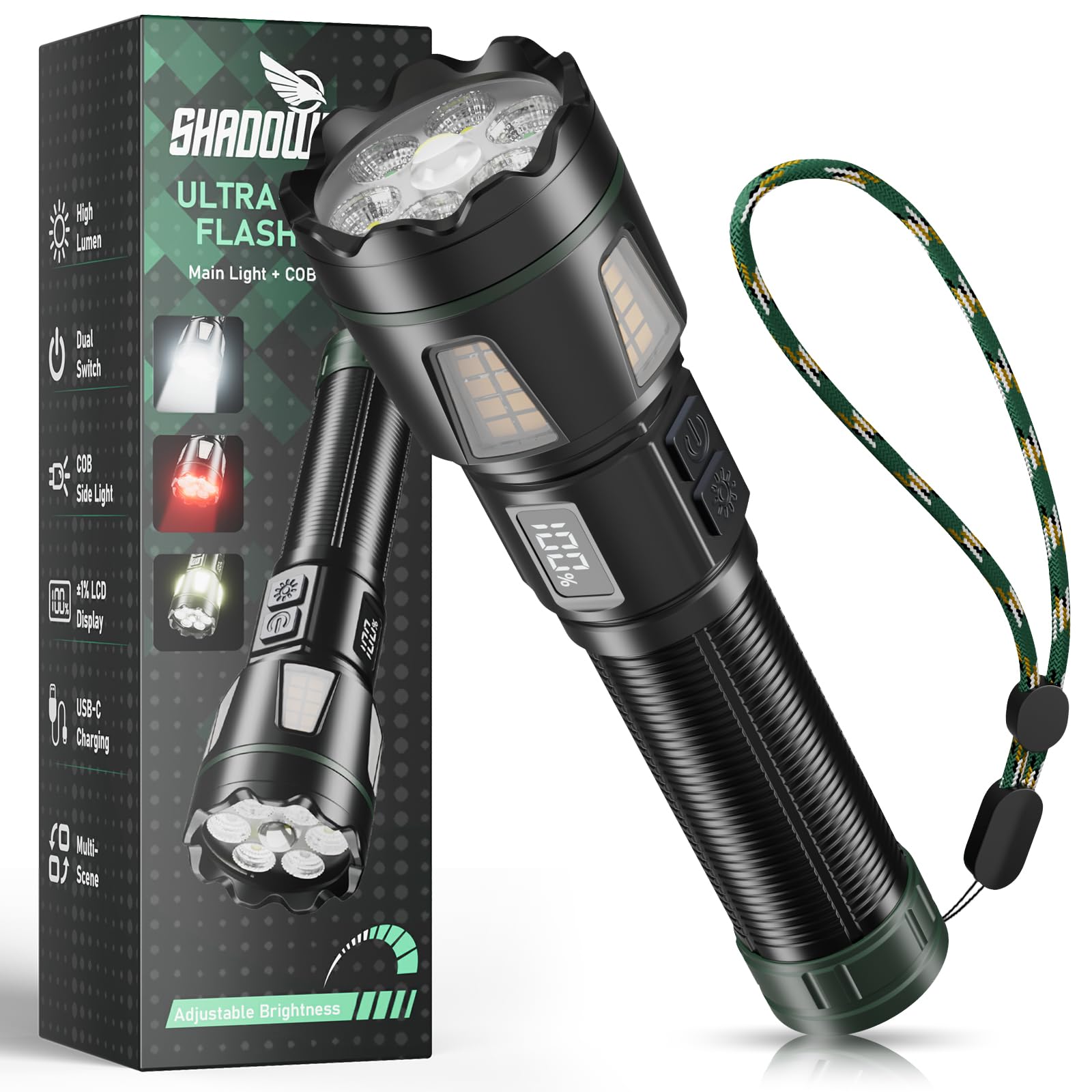 Shadowhawk 1000000 LM Taschenlampe Led Aufladbar mit Rotlicht & COB - 1600M | Starke 6+1 Helle Taktische Alu-Taschenlampen, Doppelschalter, Spot/Flutlicht, ±1% LCD, Wasserdicht für Camping Jagd Notfälle