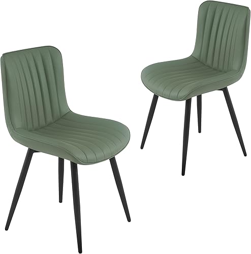 Miniatura 7 de Juego de 2 sillas de comedor de piel sintética modernas de mediados de siglo, tapizadas de color verde oliva, sillas de comedor con respaldo sin