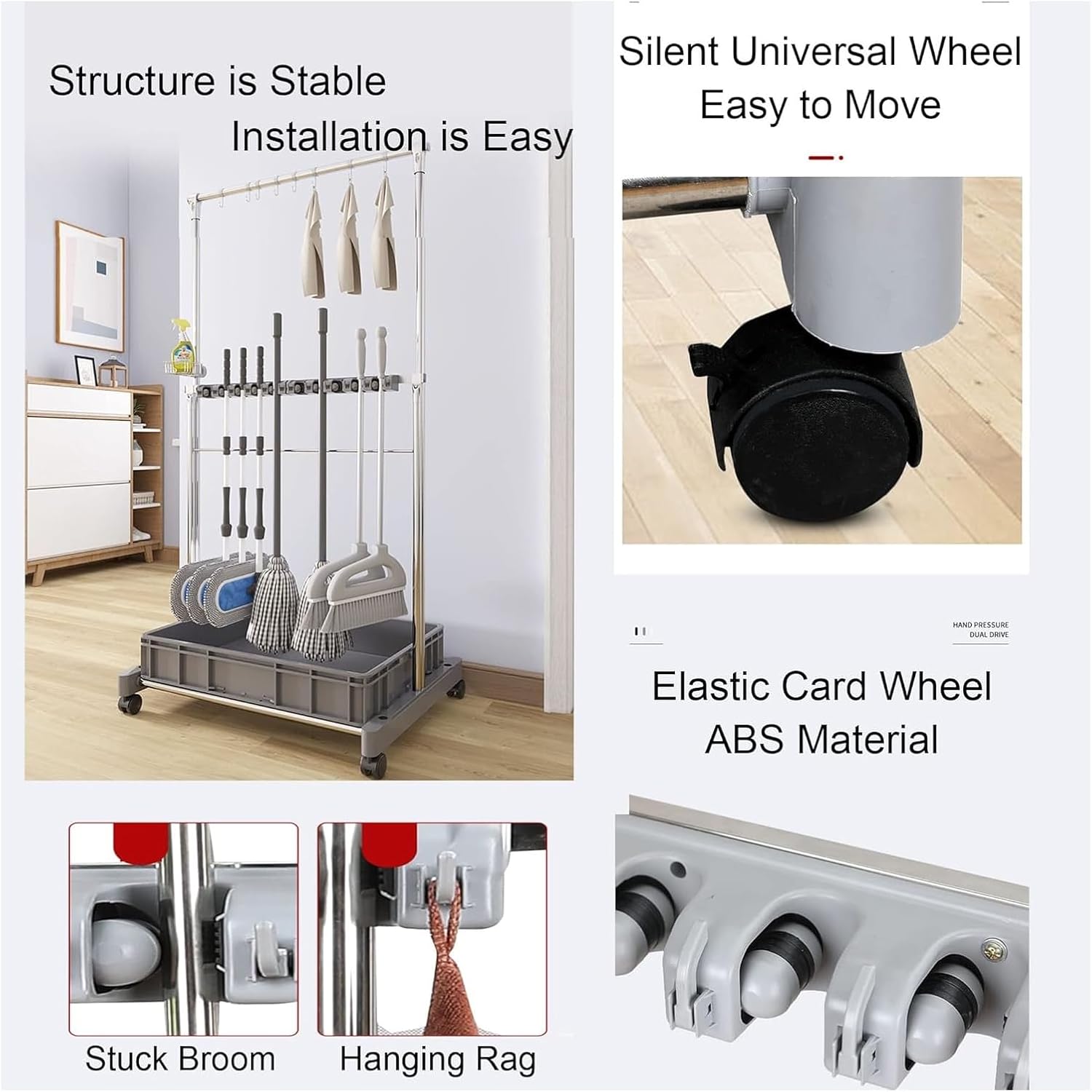 Broom mop Holder Utility Stainless Steel Cleaning Tool Housekeeping Cart,Cleaning Supplies Organizer,Garden Tool Holder,Umbrella Stand,with Wheels,for Garden,Garage,Schools,Hotels(