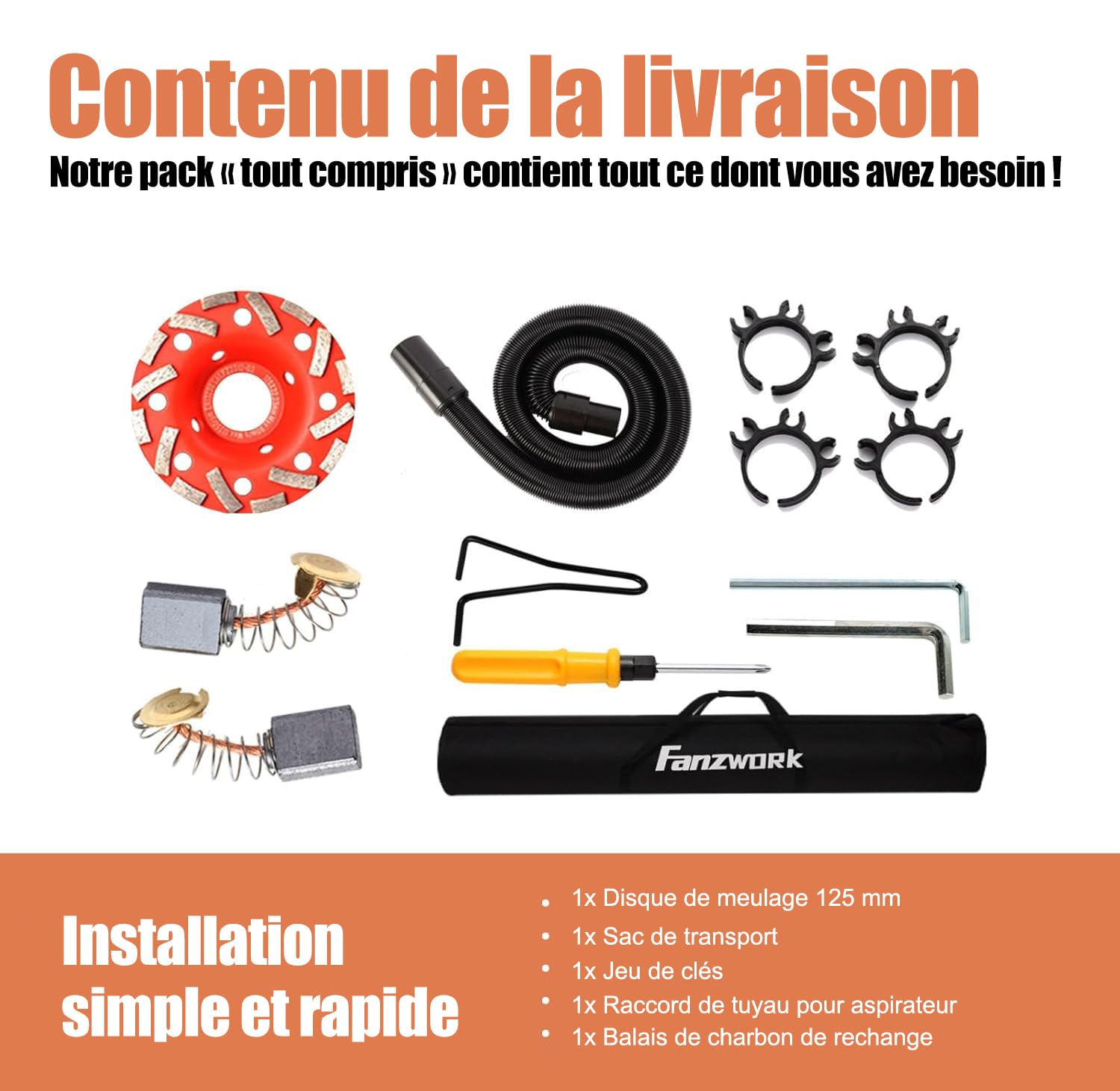 FANZWORK Ponceuse à Béton 1010 W avec tige Télescopique Jusqu’à 1,20 m, Meule Diamant 125 mm et sac de Transport, Vitesse variable, Idéale pour Béton, colle à Carrelage et Autres Revêtements