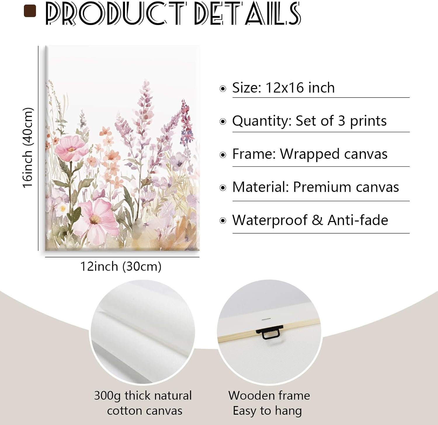 Nursery Girl Floral Wall Art Watercolor Wildflower Canvas Wall Decor Pruple Pink Flower Pictures Nursery Floral Art Prints Girl Room Wildflower Poster for Bedroom Bathroom 12x16x3 Inch Ready to Hang