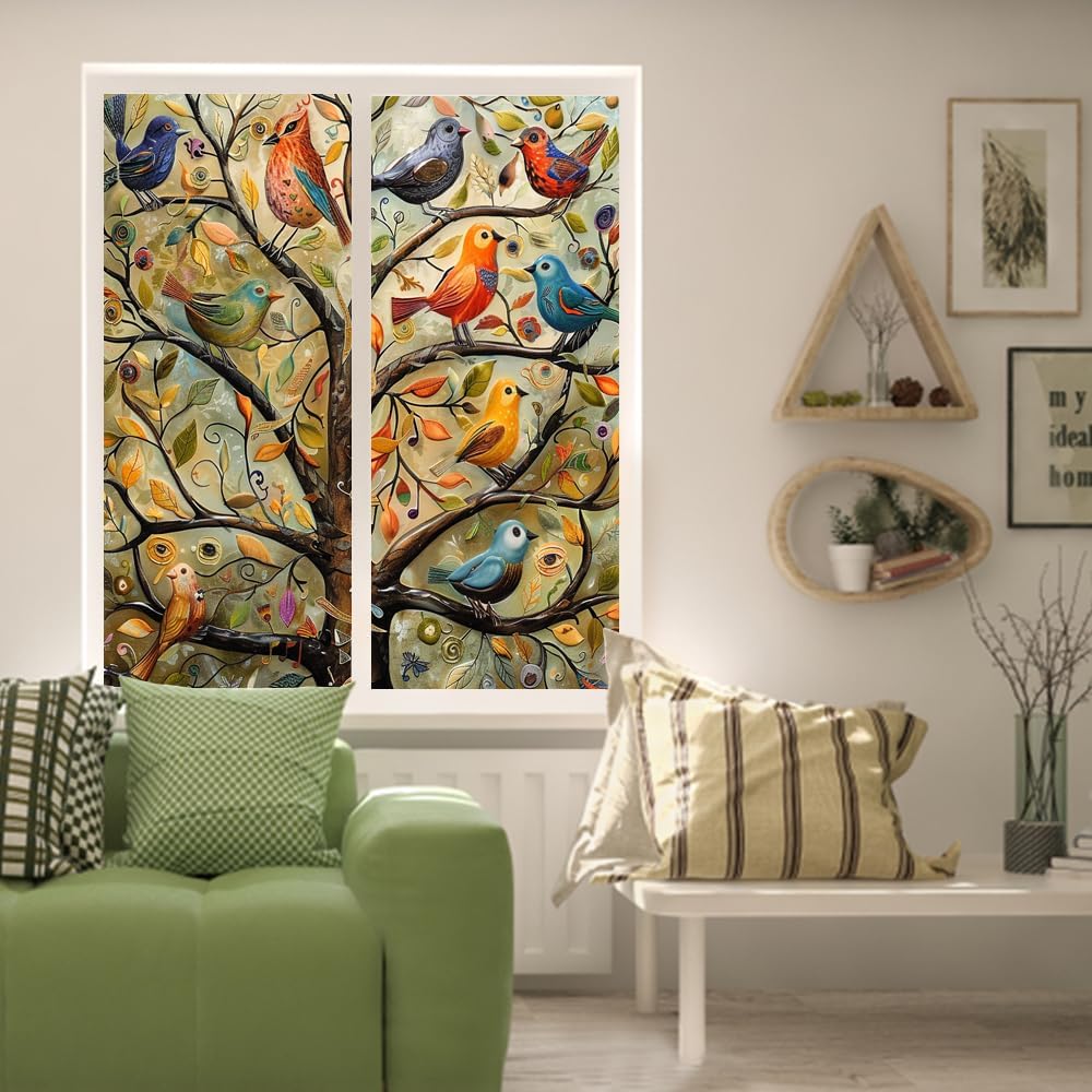 Rustic Boho Tree of Life Stained Glass Window Privacy Film Watercolor Colorful Tree Forest Wildlife Birds Opaque Window Sticker for Home Bathrooms 2 Panels 31.5" W x 47.2" L