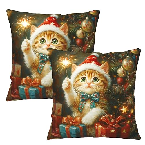 Christmas Pillow Covers 18x18 Set of 2 Adorable Cat Xmas