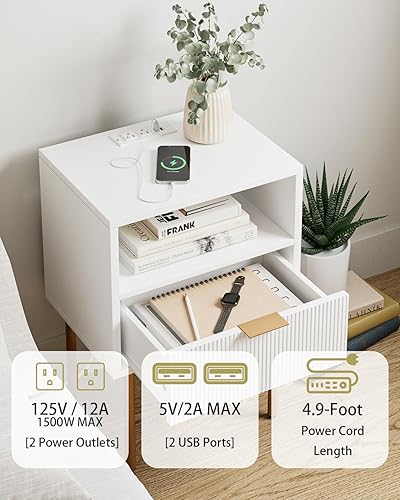 Miniatura 4 de Mesita de noche con estación de carga, moderna mesita de noche de mediados de siglo con cajón de almacenamiento y estante de madera abierto, mesa