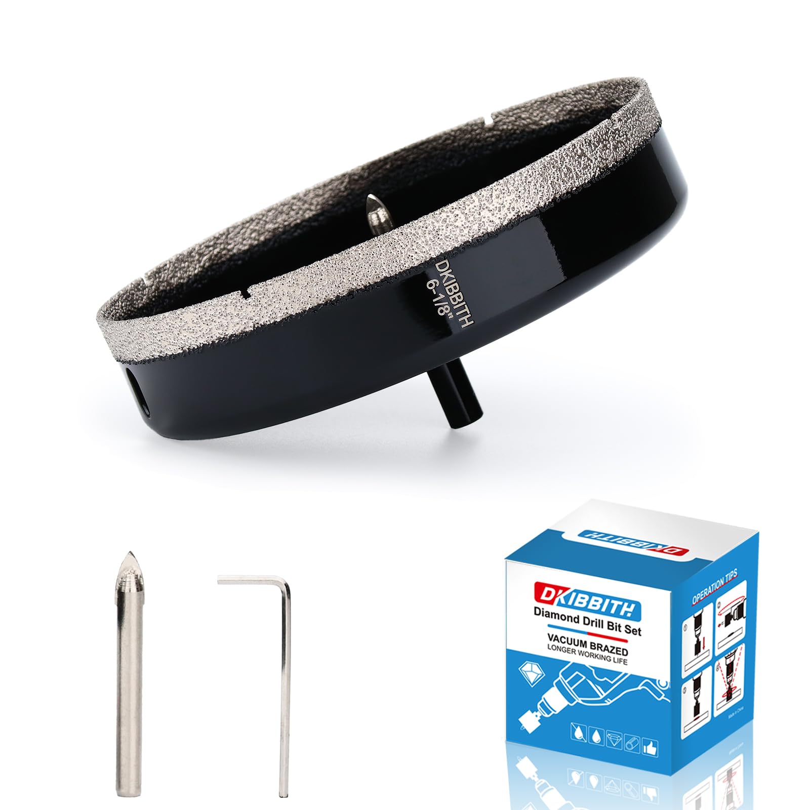dkibbith 6-1/8" diamond hole-saw bits with pilot drill bit - 6-1/8" diamond tipped tile hole saws with guiding bit for porcelain tile ceramic pottery granite stone glass bottles 156mm.