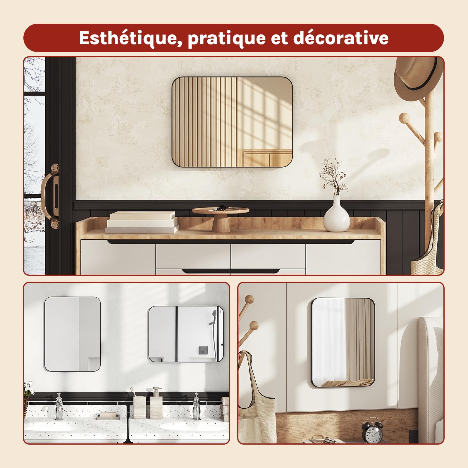 WOLTU Miroir Mural Rectangulaire 40x30 cm, Miroir Salle de Bain, Cadre en Métal Noir, avec Film Anti-éclats, Miroir Décoratif pour Salon, Chambre, Entrée, Couloir, Moderne