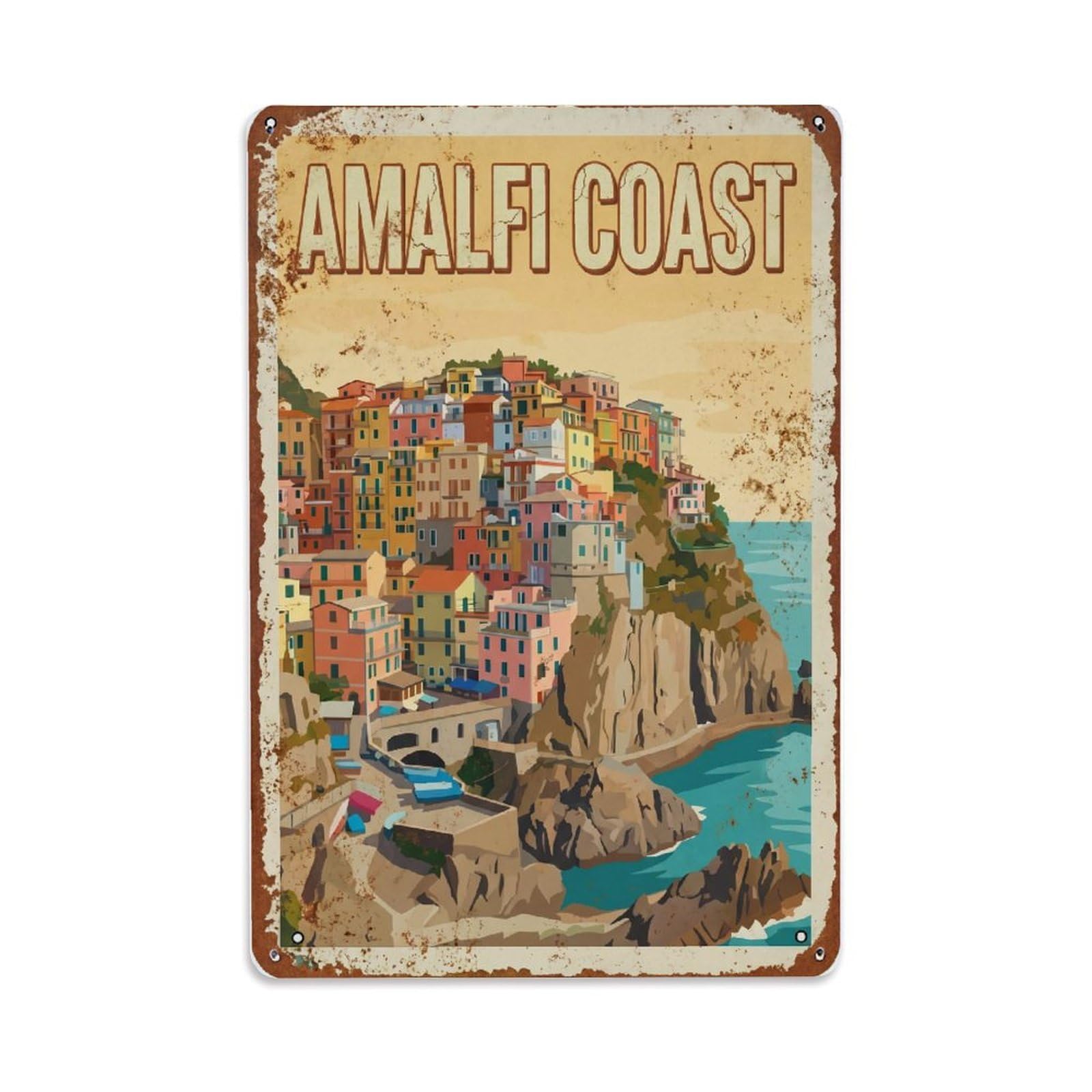 Vintage Travel Cliffside Italy Coastal Metal Tin Sign Plaque Wall Decor for Cafe, Club Bar, Office, Home Garden Metal Poster 8x12Inch