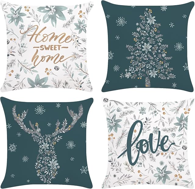 Bonhause Blue Grey Flowers Leaves Cushion Covers 18 x 18 Inch Set of 4 Home Sweet Home Decorative Throw Pillow Covers Soft Velvet Pillowcases for Sofa Couch Home Decor, 45 x 45cm