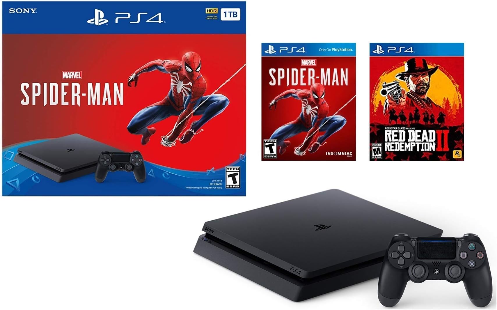 Sony Playstation 4 1TB Marvel's Spider-Man Bonus Bundle w/Red Dead Redemption: Playstation 4 1TB Jet Black Console, Marvel's Spider-Man, Red Dead Redemption 2, DUALSHOCK Wireless Controller (Renewed)