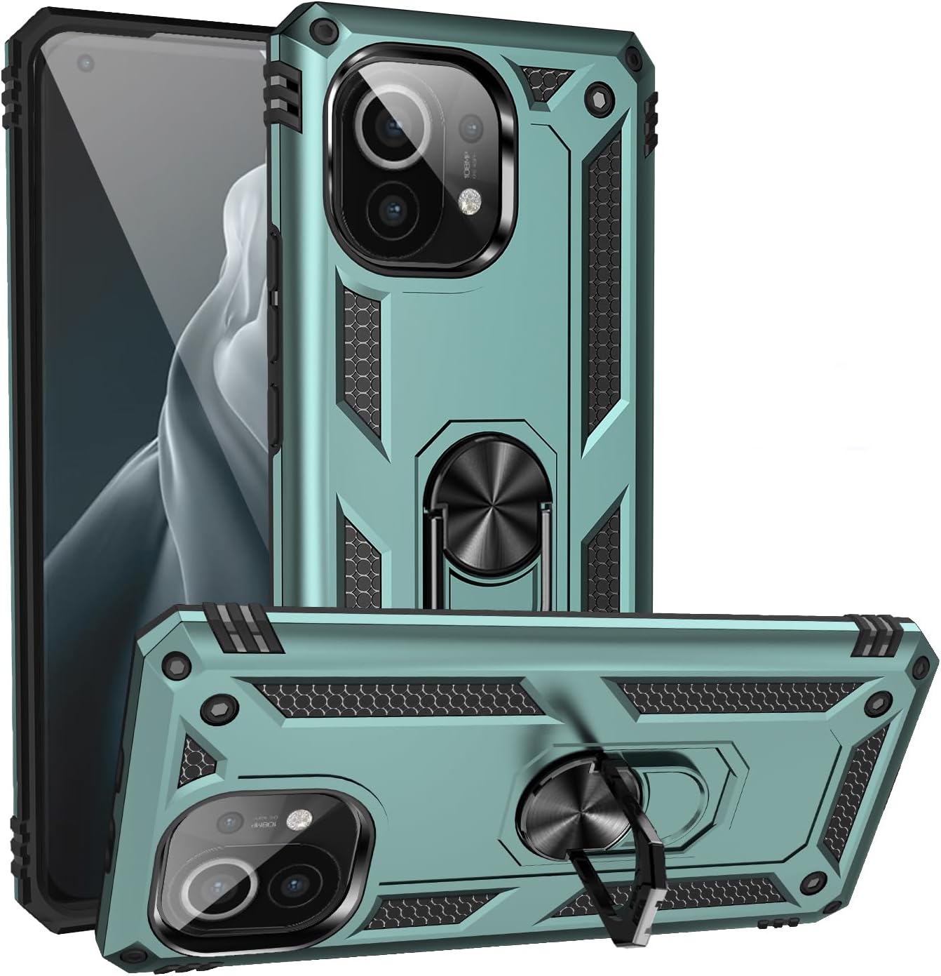 Case Compatible with Xiaomi Mi 11 5G [Hard PC+TPU] 2 in 1 Car Mount Magnetic Ring Kickstand Cover Green