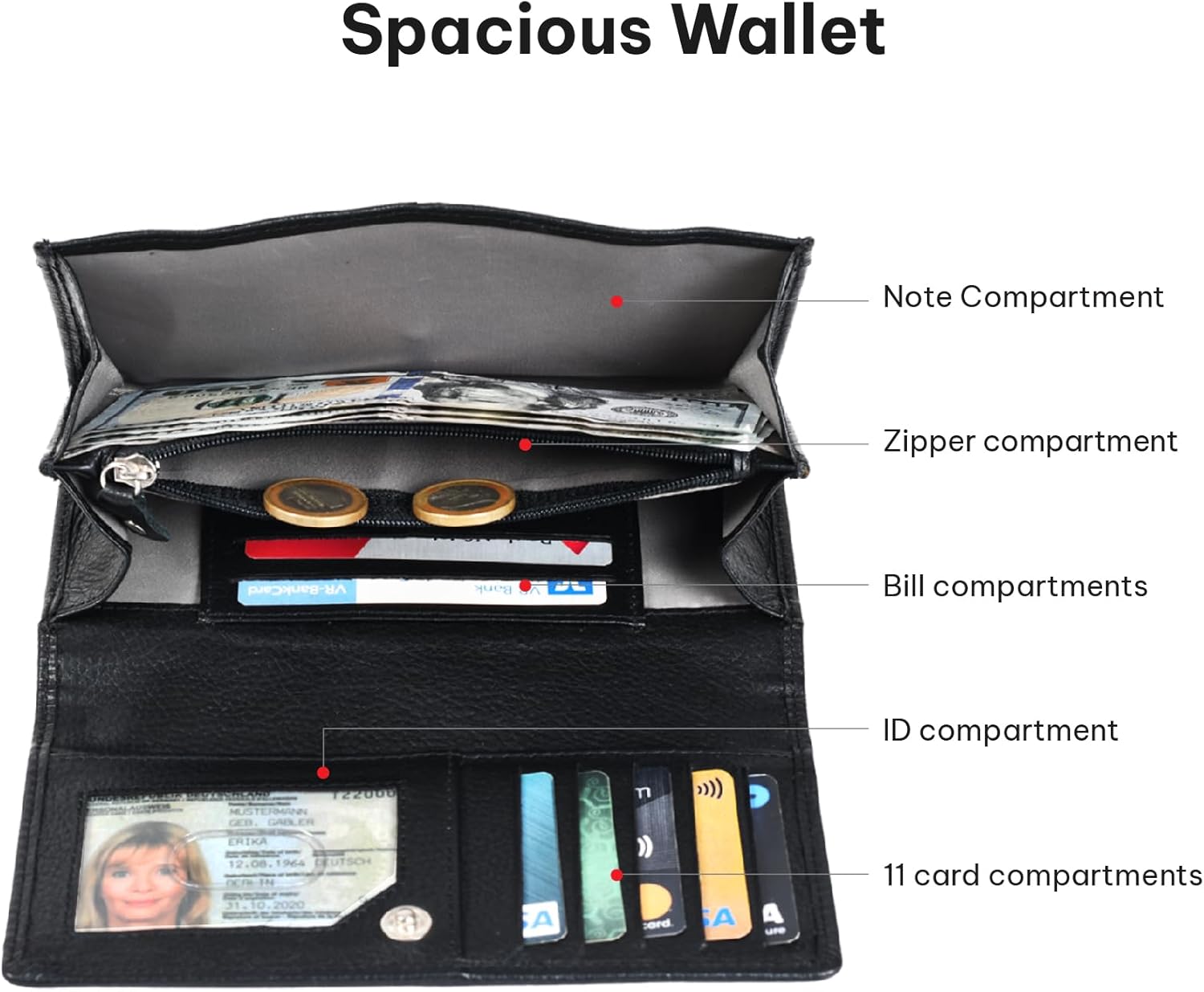 VALENCHI Women's Leather Wallet - RFID Blocking Wallet - Ladies Clutch Hand Purse With Card Holder Slots (Black Nappa LW06) - Image 3