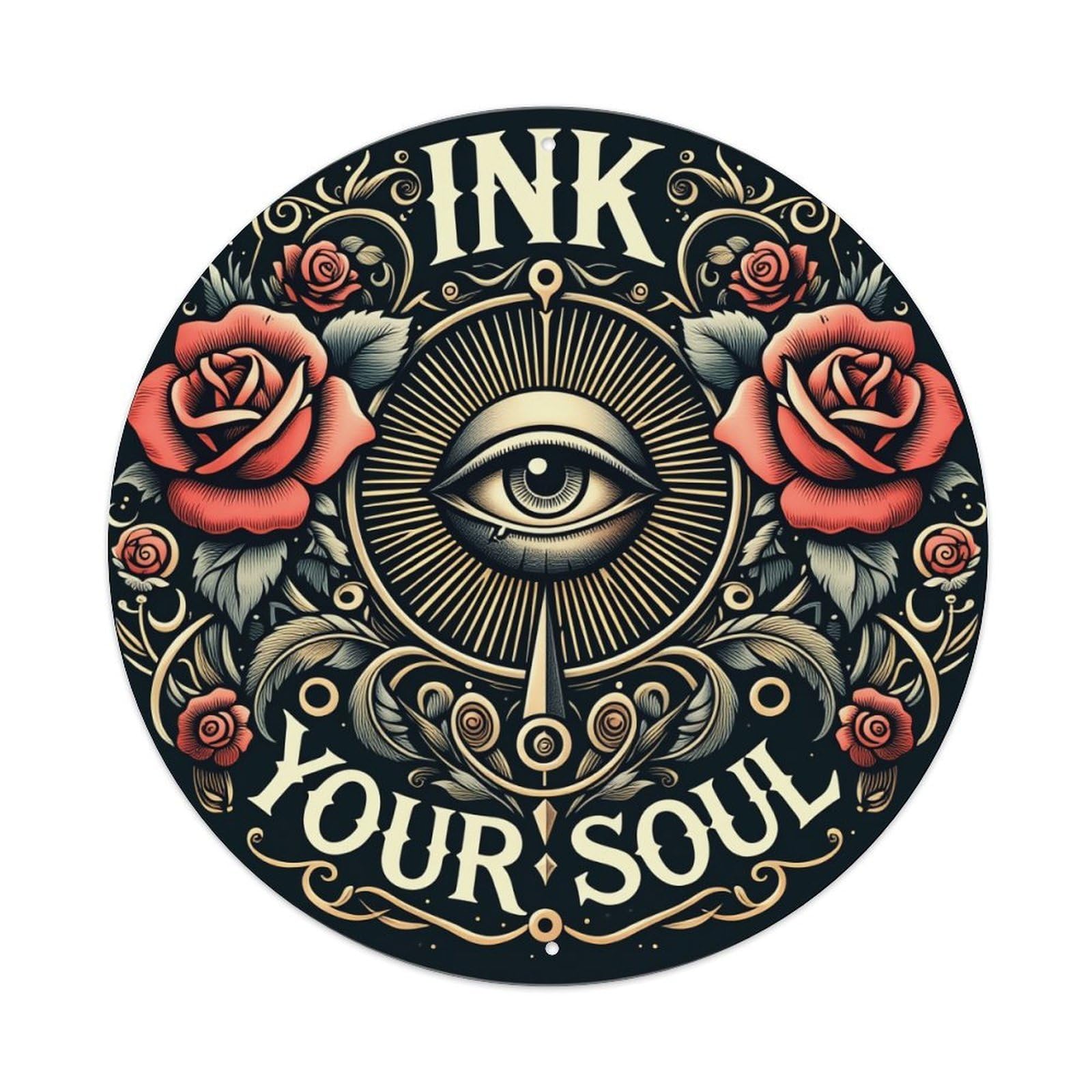 Eye Rose Ink Soul Pattern Round Tin Sign Vintage Metal Poster, Home Bar Garage Man Cave Cafe Indoor & Outdoor Wall Decoration 8x8Inches
