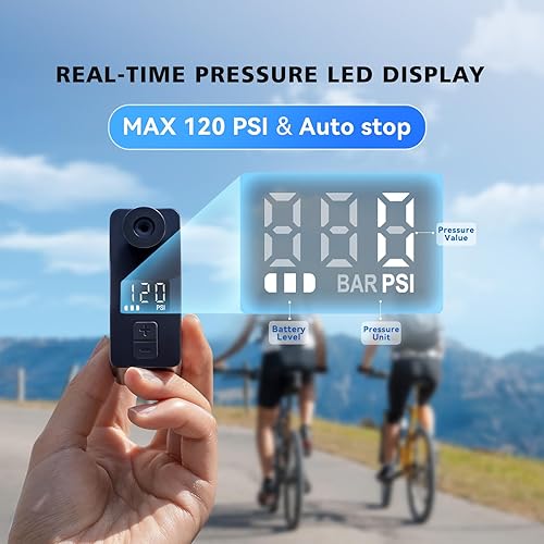 Miniatura 2 de AIRBANK Mini bomba de bicicleta con bolsillo de calibre PRO, bomba de aire de bicicleta de apagado automático máximo de 120 PSI, bomba eléctrica