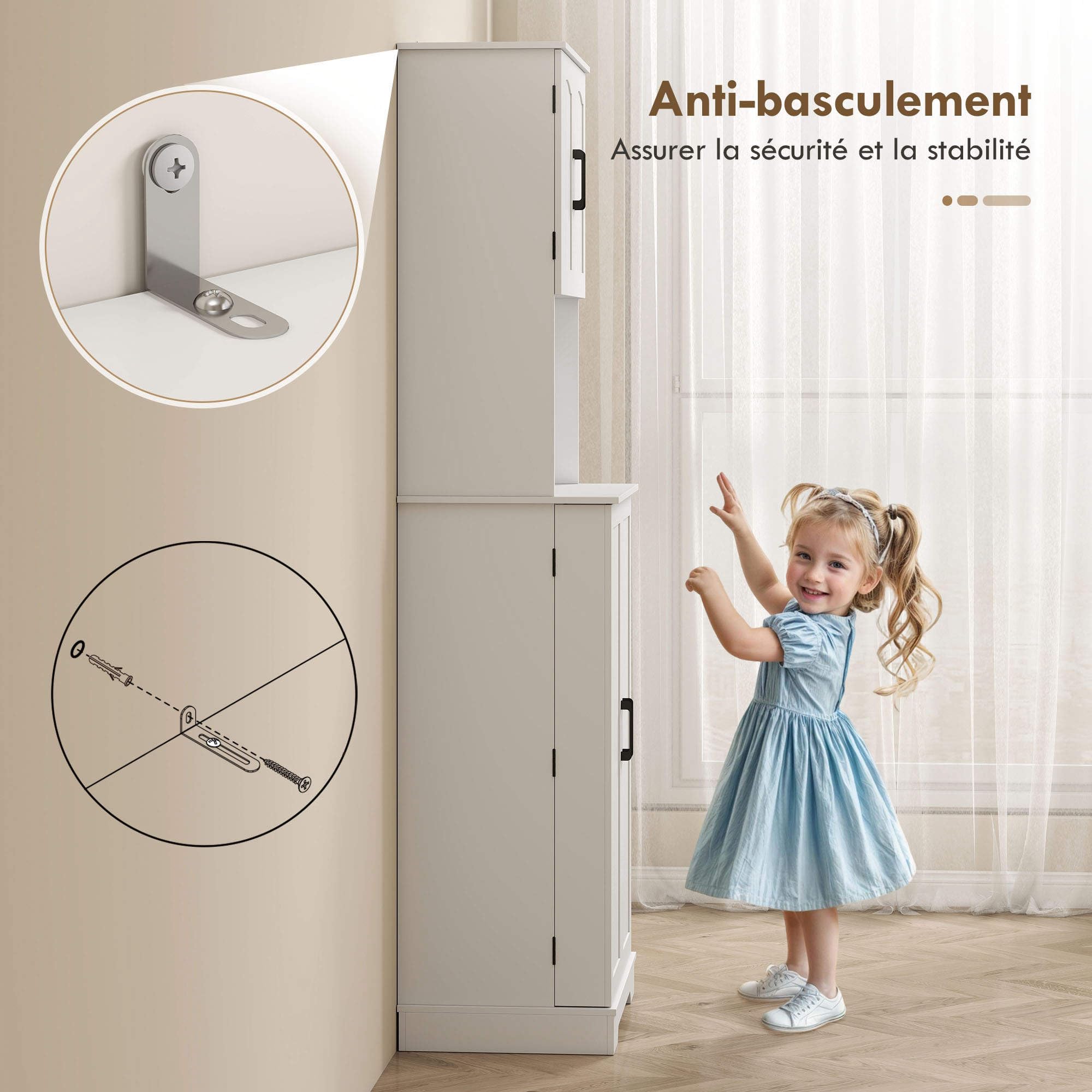 HOMCOM Buffet Haut Cuisine, Armoire de Cuisine, vaisselier, 4 Portes, Plan de Travail, 8 Porte-épices et étagères réglables, Meuble de Rangement pour Salon, Salle à Manger, 60 x 40 x 181,5 cm, Blanc