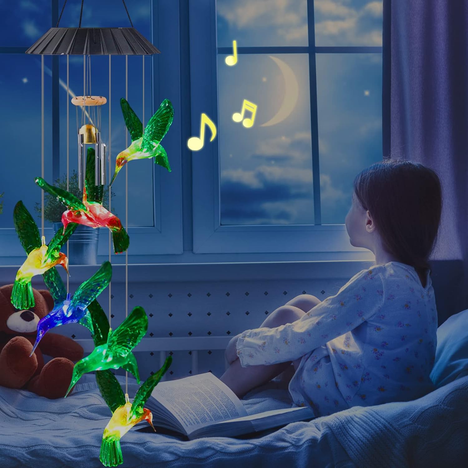 Hummingbird Solar Wind Chimes with Sounds, Qhecomce LED Color Changing Wind Bell, Hummingbird Gifts for Mom, Waterproof Outdoor Solar Hummingbird Wind Chimes for Garden, Yard, Patio Decor