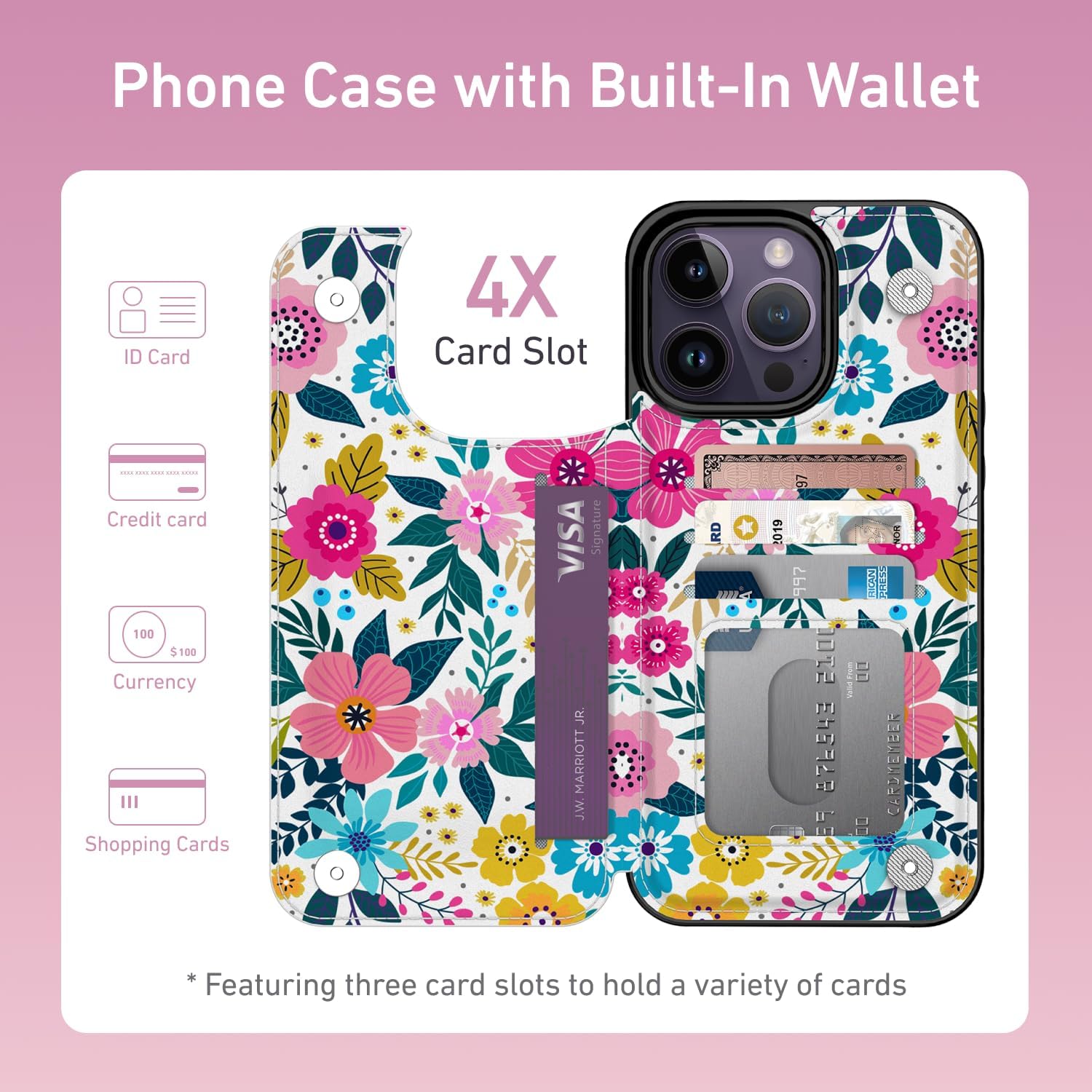 Goodon for iPhone 14 Pro Max Case Wallet - Flip Folio Leather Cover with Trendy Floral Design, 4 Card Slots & Kickstand Function, Protective Phone Case for Women and Girls - Blooming Flowers - Image 2