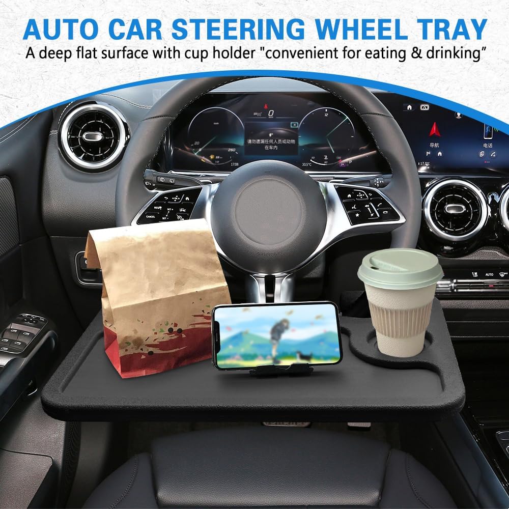 Car Steering Wheel Desk, Steering Wheel Tray, Computer Office Car Table Tray, Travel Car Accessories Multipurpose Auto Travel Table with Food Hook and Eating Tray for Most Vehicles (Black)