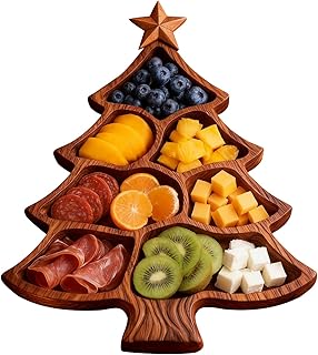 Christmas Tree Charcuterie Board, Wooden Divided Serving Platter, Holiday Cheese Board Tray for Fruit, Dessert, Meat, Nuts, Table Display, Party, Kitchen, and Home Decor