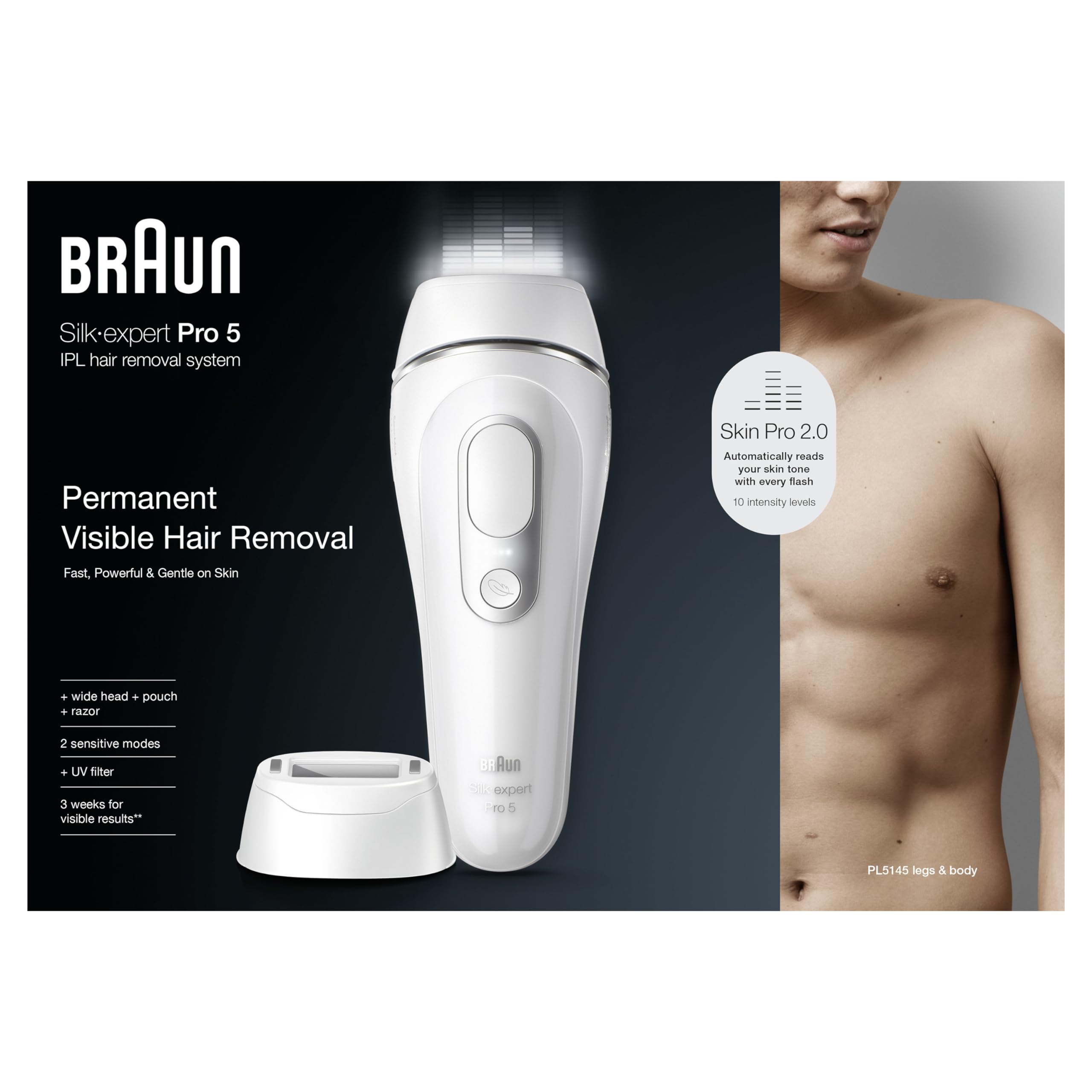 Braun Silk·expert Pro 5 Epilatore LUCE PULSATA, Epilazione A Casa, Alternativa All’Epilazione laser, Con Custodia, Rasoio Uomo Gillette, 2 Testine, Idea Regalo, Bianco/Oro, PL5145