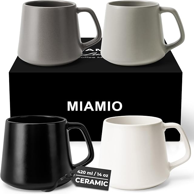 MIAMIO - Ensemble de tasses à café 4 / Grandes tasses de café en céramique (420 (en ml) - Mug pour Cappuccino, Thé, Espresso - Micro-ondes et lave-vaisselle sans danger - Collection Luxe (pastel classique)