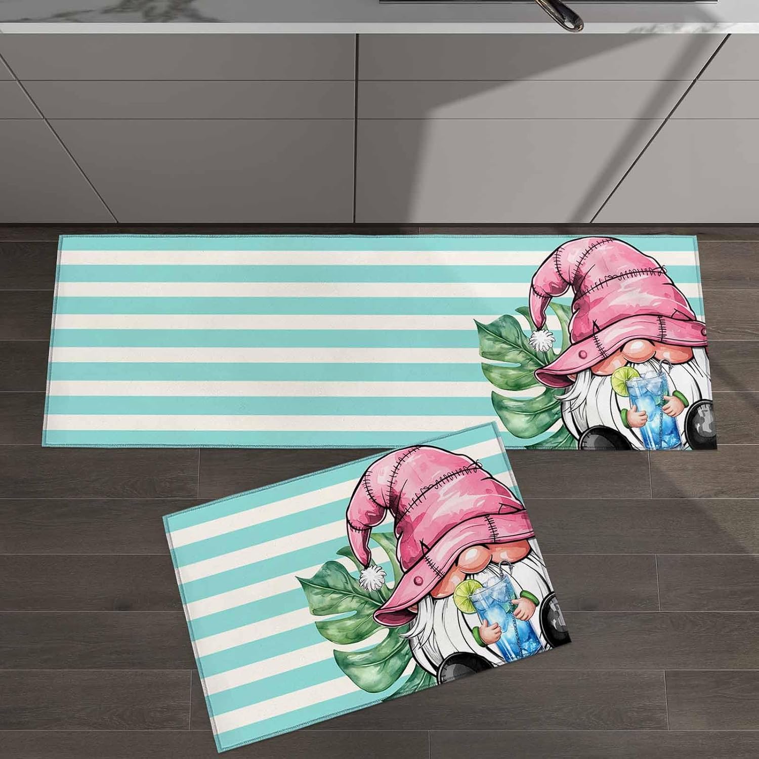 2 Pieces Kitchen Rugs and Mats,Summer Pink Hat Gnome Drinks Area Runner Rug Set Non Slip Floor Doormat Washable Carpet Standing Mat for Kitchen Sink Indoor Corridor,Watercolor Palm Leaf Teal Stripe