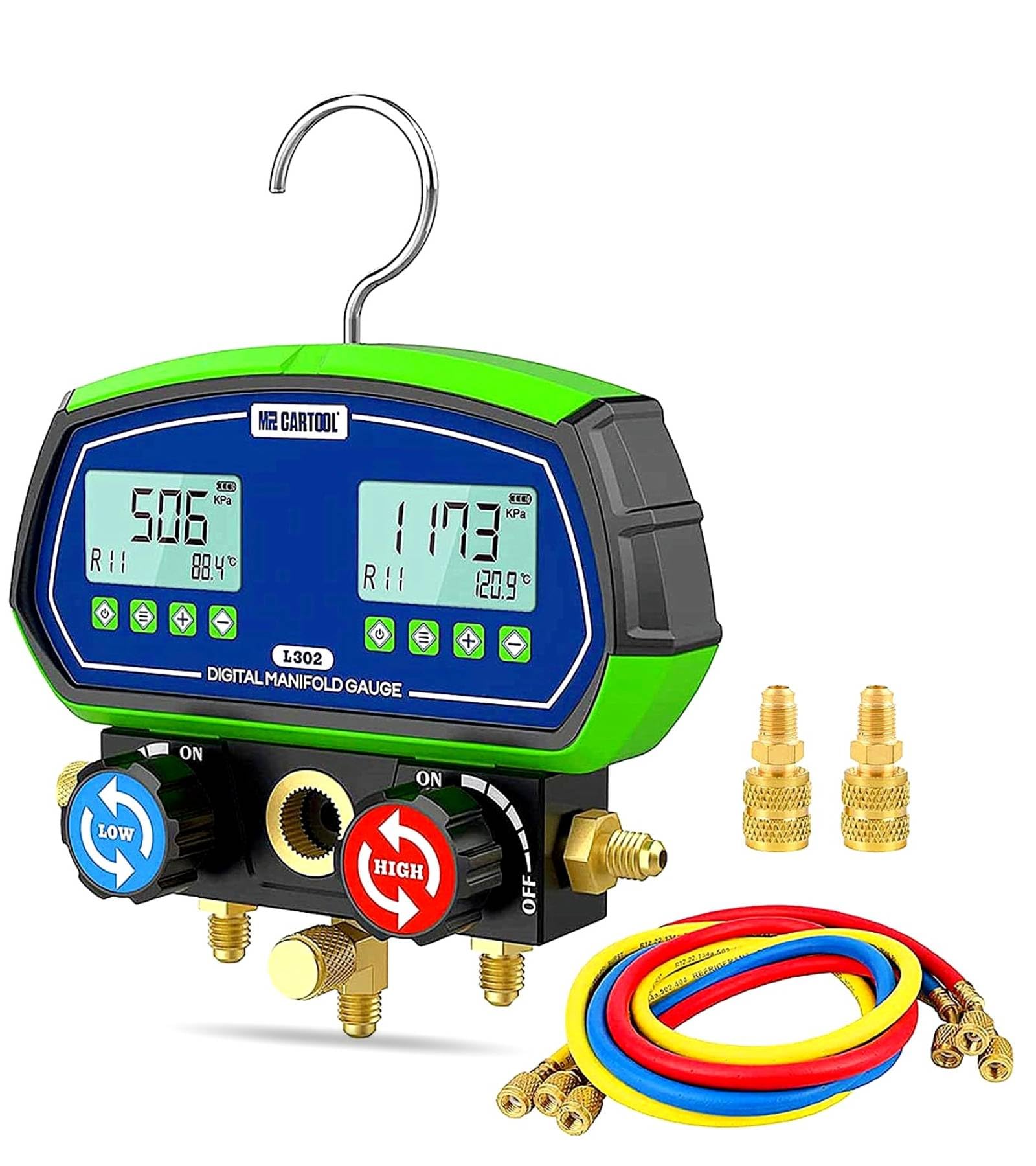 MR CARTOOL L302 Digital Manifold Gauge Set 2-Valve Refrigerant HVAC Systems Leakage Pressure Tester Tool with 3 Hoses for Air Conditioning Refrigeration Recharging