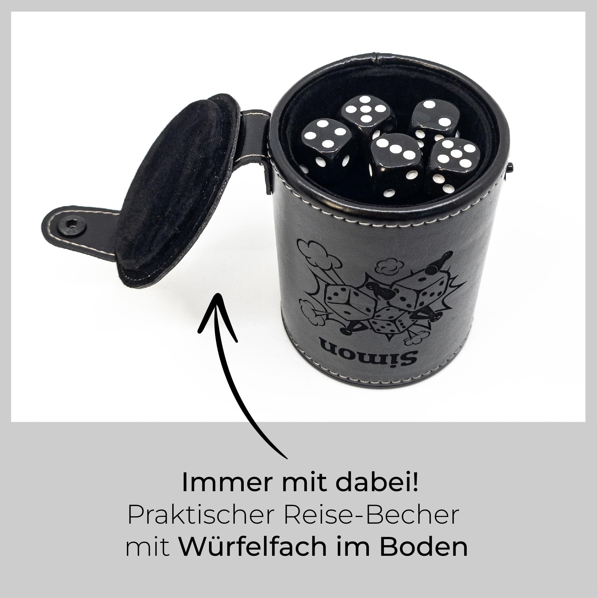Schwarzer Würfelbecher Leder mit Gravur | Personalisiert mit Motiv & Name | Individuelles Knobelbecher Set mit Würfelfach & Würfeln