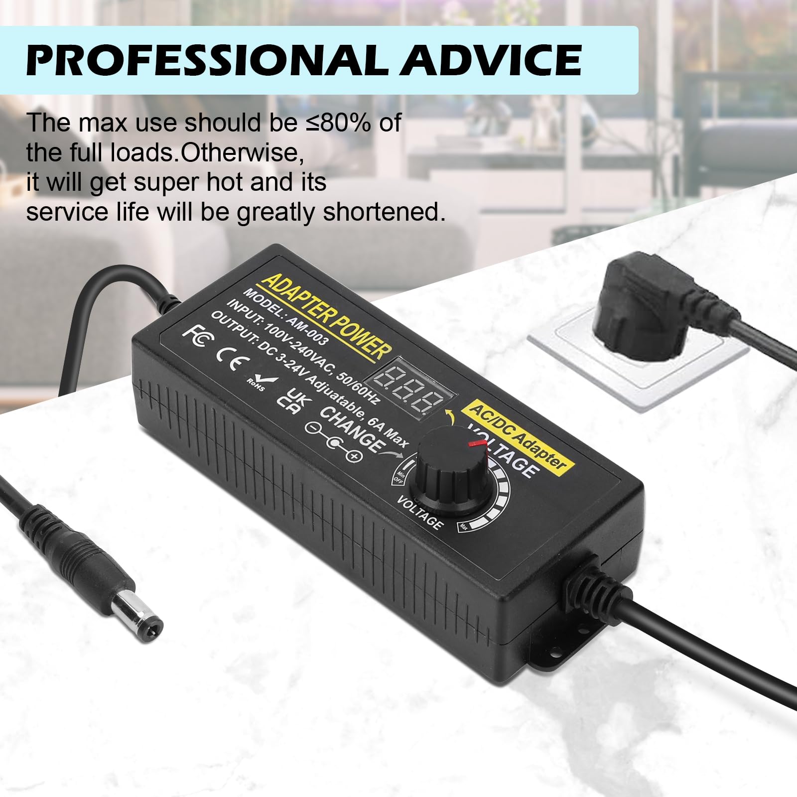 144W Universal Einstellbares Netzteil Adapter 100V-240V AC to DC 3V-24V 6A Konverter Netzteil, Einstellbarer Netzadapter mit 14 Tipps & Polaritätskabel-6A Max