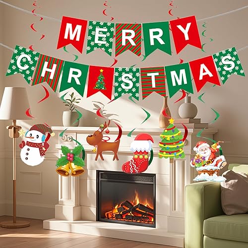 Miniatura 4 de Cartel de decoración de Feliz Navidad, decoración colgante de interior para fiesta de Navidad con 6 serpentinas en espiral y 14 globos para