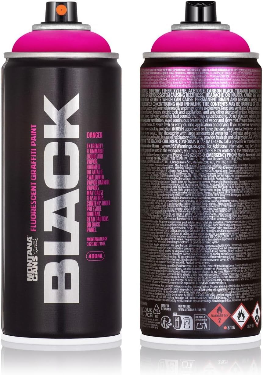 Montana Cans Black Infra Neon - Set di bombolette spray fluorescenti per graffiti, 400 ml, ad alta copertura, ad asciugatura rapida, set di colori neon per street art e fai da te, 6 x 400 ml