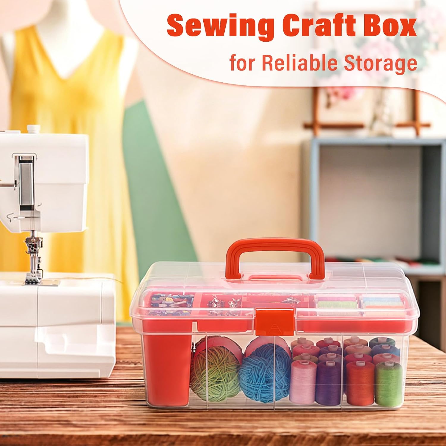 BTSKY 15 Inch Large Capacity Portable Clear Sewing Storage Box - with Removable Compartment Tray, Multi-Layer Sorting Organizer for Thread/Buttons/Tools/Craft DIY, Orange