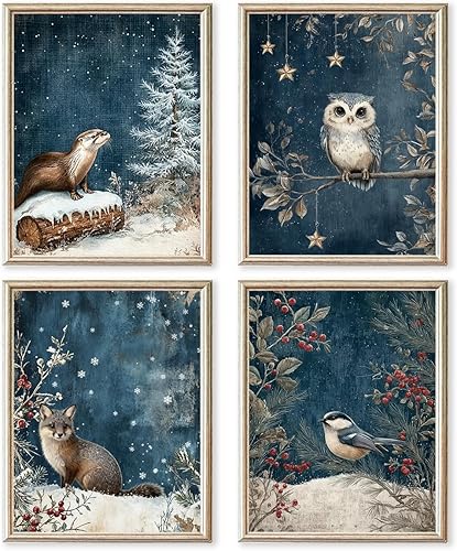 IORAFOUDUO Juego de 4 pósteres de decoración de pared de animales de invierno vintage azul Moody sin marco, juego de 4 pósteres de bosque rústico,