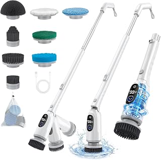 Electric Spin Scrubber, Electric Cleaning Brush with Adjustable Long Handle | Bathroom Scrubber with 8 Brush Heads, IPX7 waterproof for Shower/Kitchen/Bathtub/Floor/Car