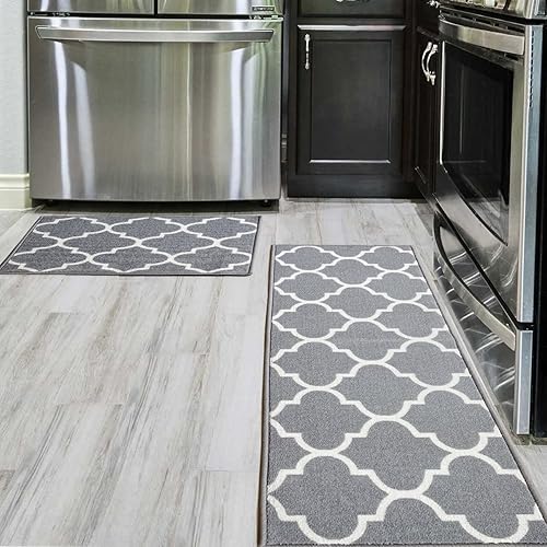 Miniatura 7 de Juego de 2 alfombras y tapetes de cocina grises [2 piezas] tapetes de cocina de nailon antideslizantes lavables a máquina para piso, cocina, baño