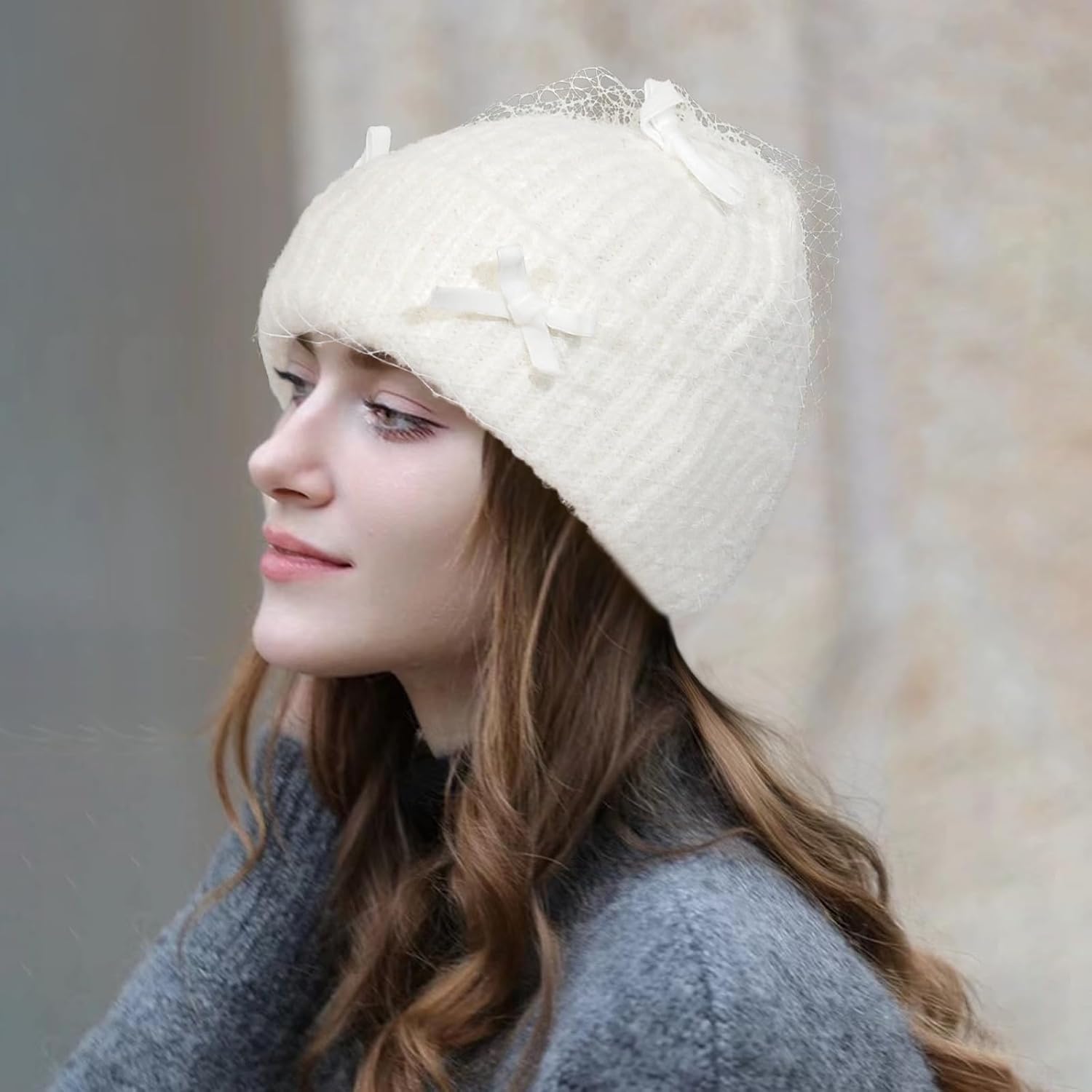 Winter Knit Beanie Hat for Women Warm Knit Cuffed Skull Caps with Veil Bowknot Soft Warm Ski Hat