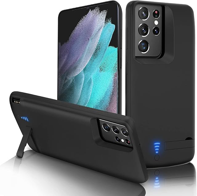 Gladgogo Battery Case for Galaxy S21 Ultra, [5000mAh] Rechargeable Charging Case with Kickstand & USB, Portable Backup Charger Case for Samsung Galaxy S21 Ultra 5G (6.8 inch)- Black